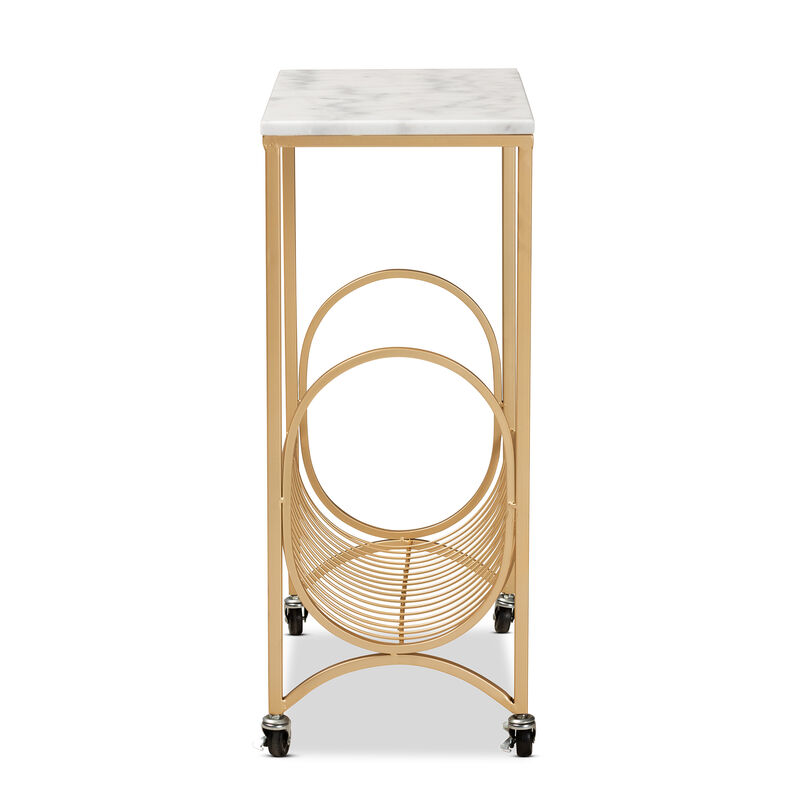 Baxton Studio Jacek Modern Gold Finished Metal Wine Cart with Marble Tabletop