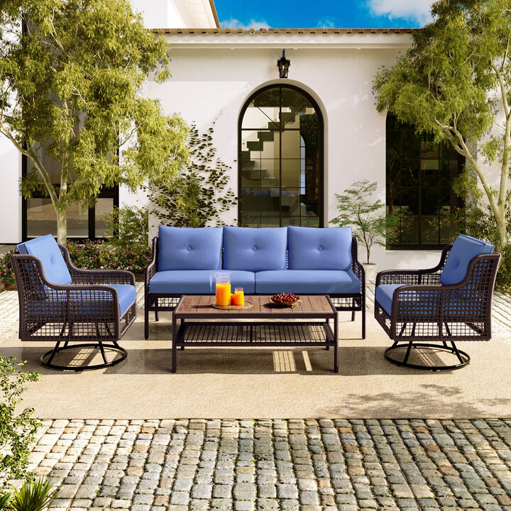 Whisen 5-Person Outdoor Sectional Wicker Sofa Set with Swivel Chairs for Poolside Backyard Deck