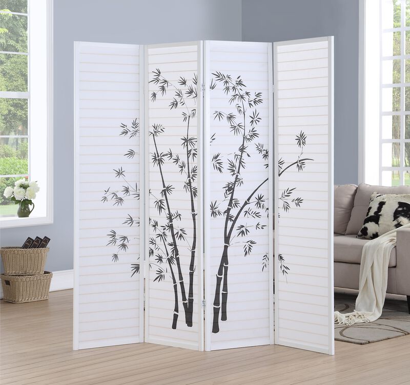 Streamdale Bamboo Print 4-Panel Framed Room Screen/Divider, White