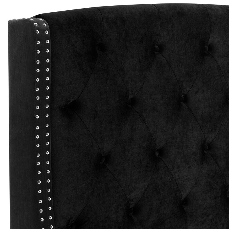 Benjara James King Size Bed, Platform Style, Button Tufted Black Velvet Upholstery