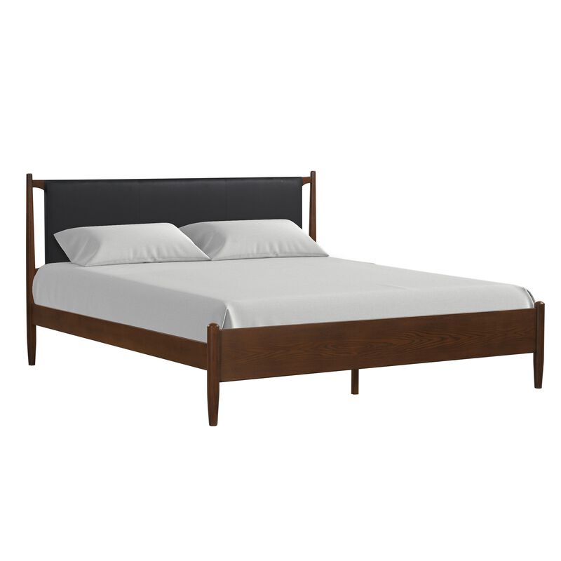 Niyu King Size Bed, Black Faux Leather Upholstery, Brown Solid Wood - Benzara
