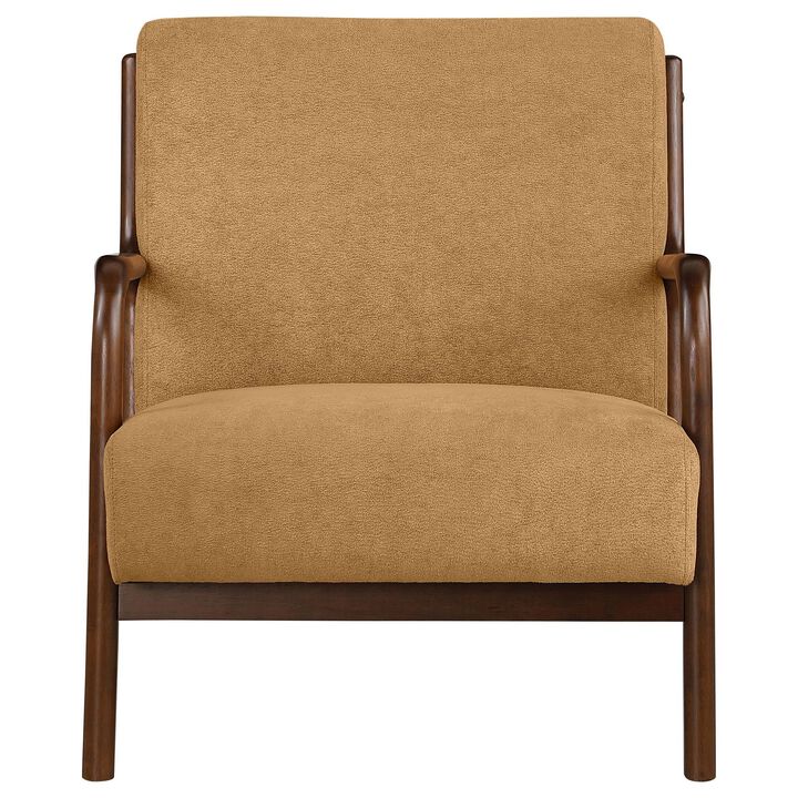 Arril Accent Chair, Soft Honey Orange Fabric Cushions, Dark Brown Wood - Benzara