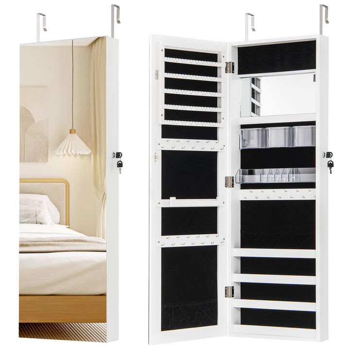 Jewelry Mirror Cabinet with Adjustable Hangers and Storage for Accessories