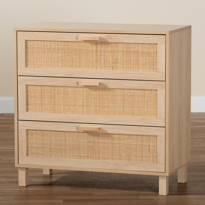 Baxton Studio Sebille Mid Century Light Brown Finished 3 Drawer Storage Rattan Cabinet