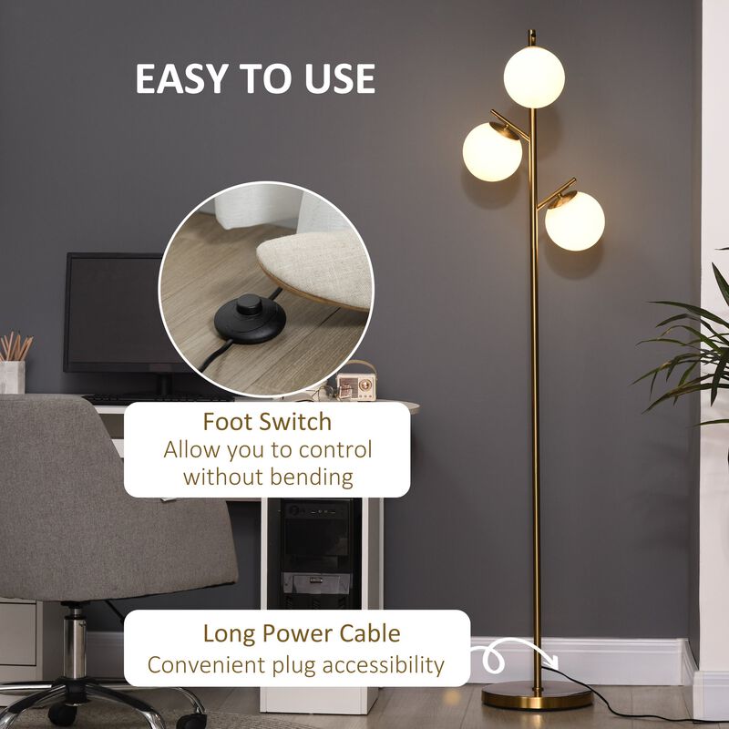 Gold Living Space Illumination: 3-Light Tree Floor Lamp with Globe Shades