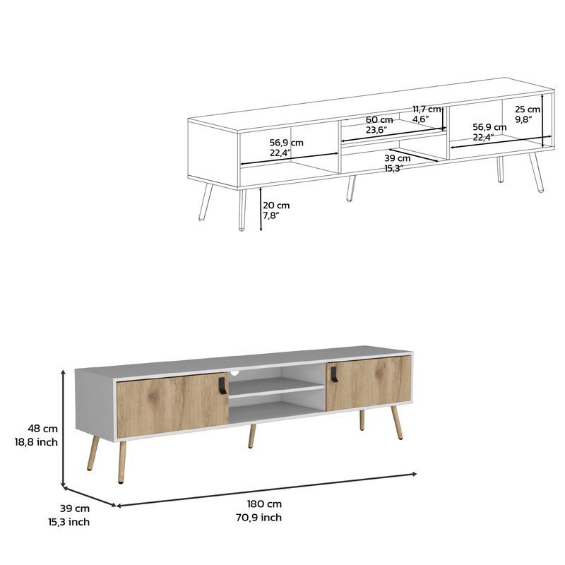 DEPOT E-SHOP Toka TV Rack with 2 Hinged Doors and�Central Shelves, White/Macadamia