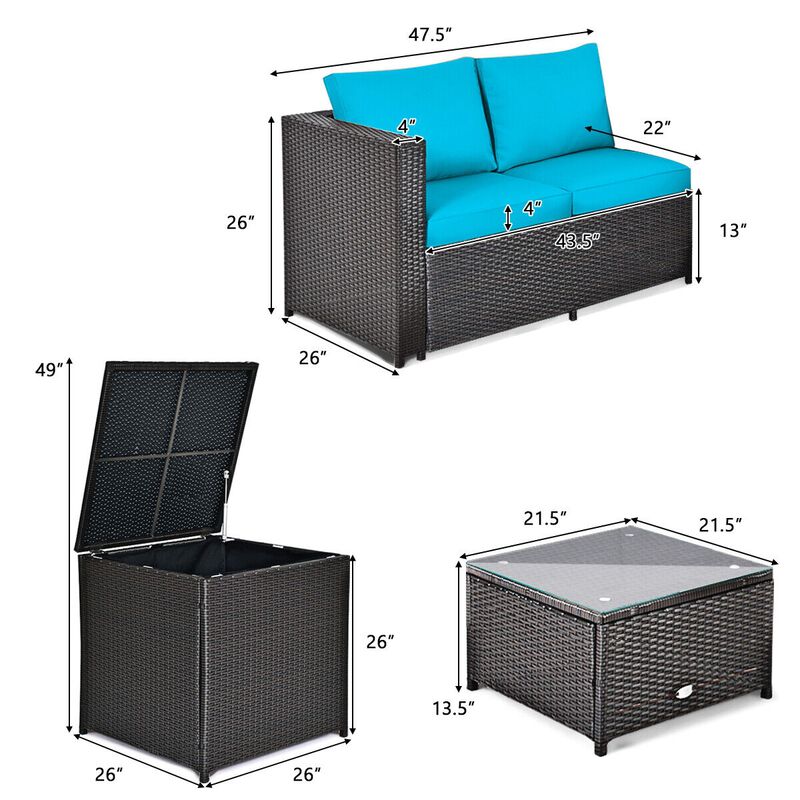 4 Pieces Outdoor Patio Rattan Furniture Set with Cushioned Loveseat and Storage Box