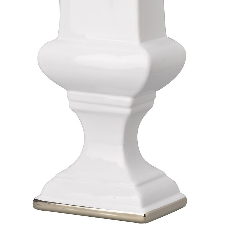 Ceramic Decorative Urn With Rectangular Opening, Large, White & Silver - Benzara