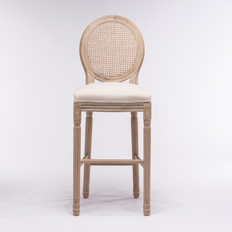 French Country Wooden Bar Stools Rattan Back With Upholstered Seating, Beige And Natural, Set Of 2