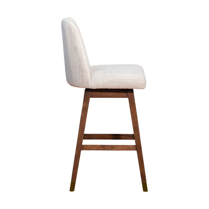 Lara 30 Inch Swivel Barstool Chair, Soft Beige Polyester, Brown Wood Legs-Benzara