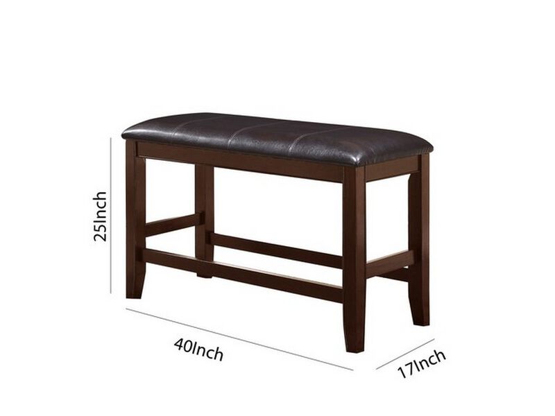 Wooden Counter Height Bench with Leatherette Seat, Brown and Black - Benzara