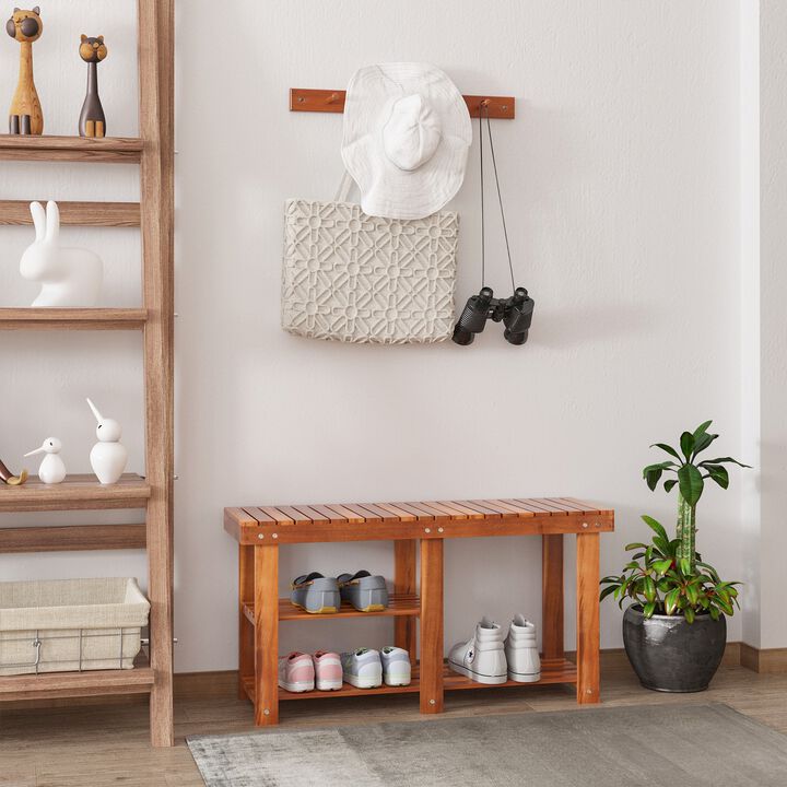Teak Entryway Organizer: 3-Tier Acacia Wood Shoe Storage Bench