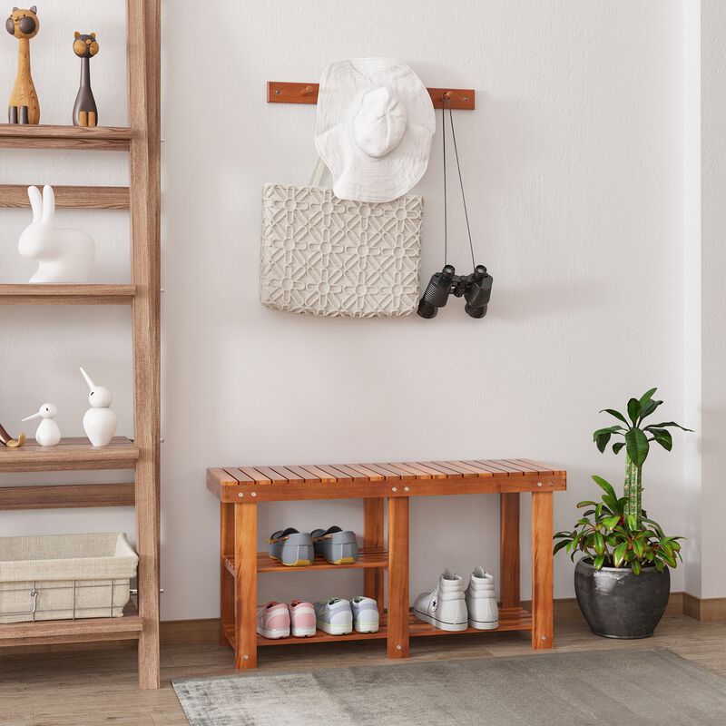Teak Entryway Organizer: 3-Tier Acacia Wood Shoe Storage Bench