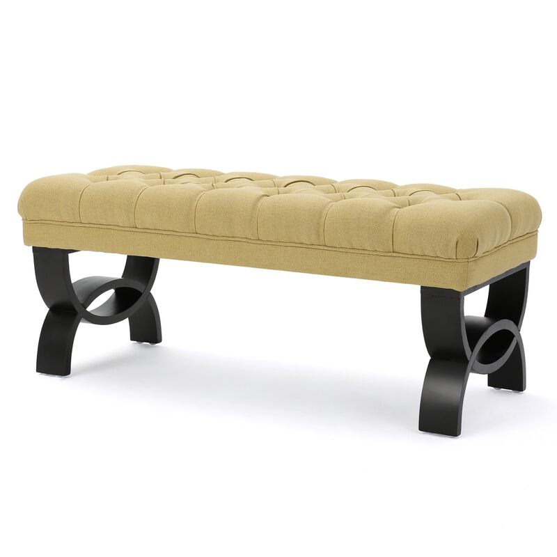 Riam Ottoman Bench, 41 Inch, Button Tufted, Yellow, Half Circle Legs - Benzara