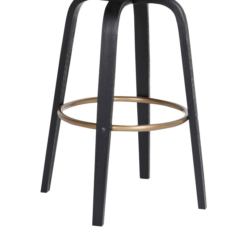 Topanga  Swivel Black Wood Counter Stool in Grey Faux Leather with Golden Bronze Metal