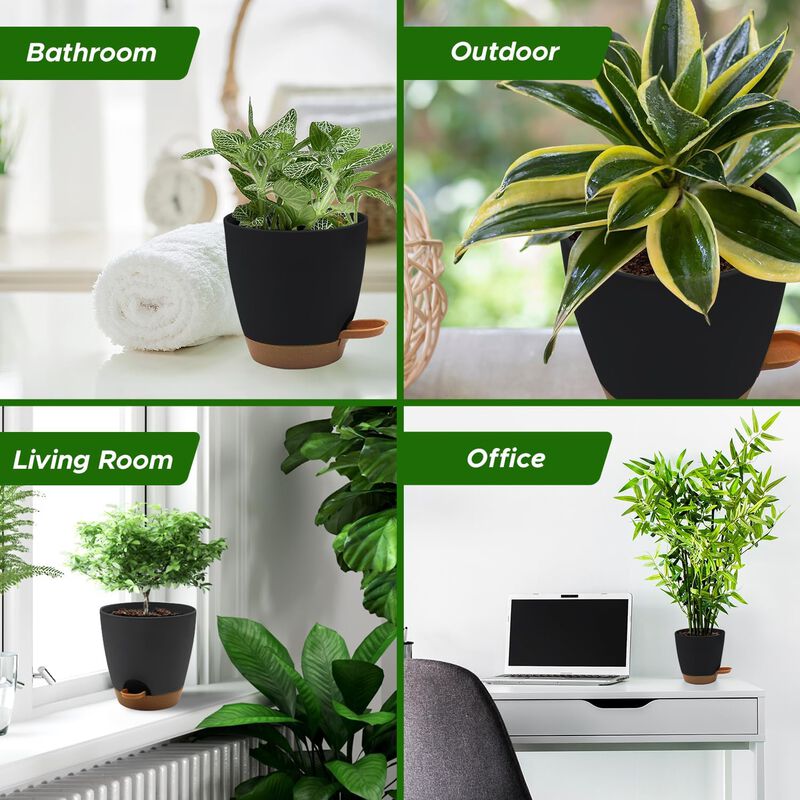 Campior Self-Watering Planters - 5 Size Indoor and Outdoor Plant Pots with Drainage Holes and Wick Rope, Plastic Pot for Succulents, Flowers, and Plants, (7”,6.5”,6”,5.5”,5” Inches), Pack of 20, Black