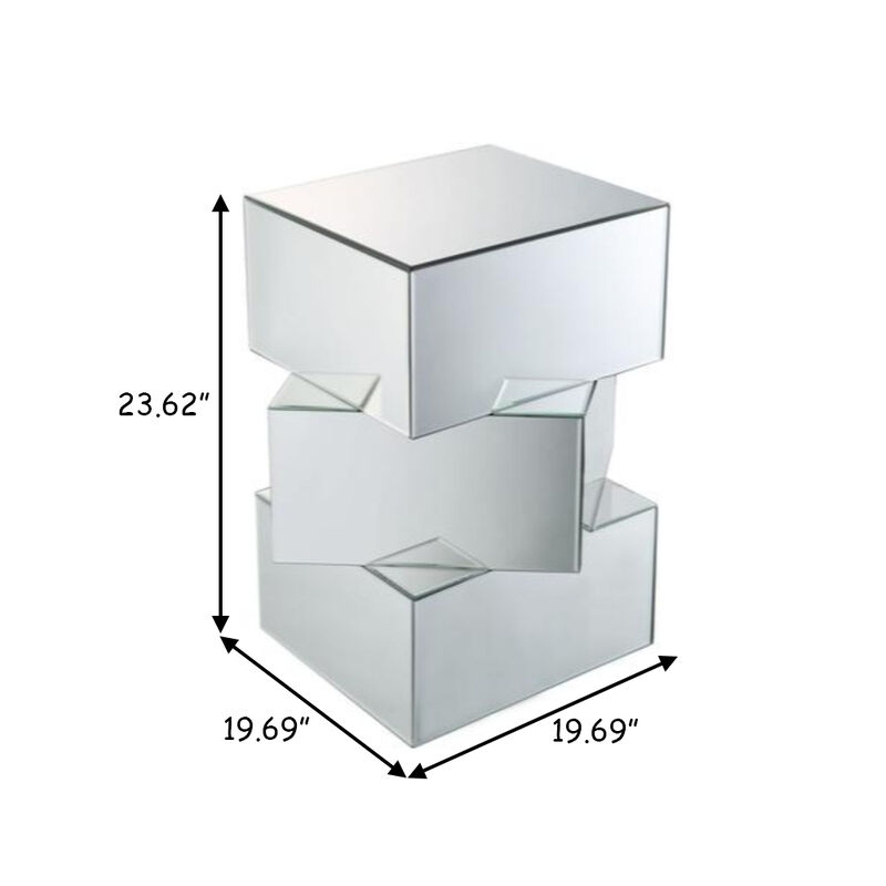 Mirror and Glass End Table with Unique Geometrical Base Design, Silver-Benzara