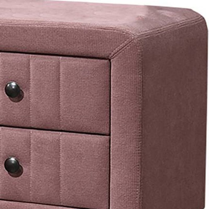 Rheo Nightstand, 2 Drawer, 22 Inch Blush Pink Brushed Linen Upholstery - Benzara