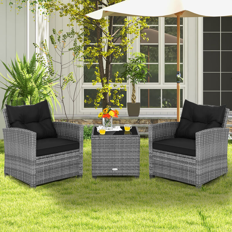 3 Pieces Outdoor Wicker Conversation Set with Tempered Glass Tabletop
