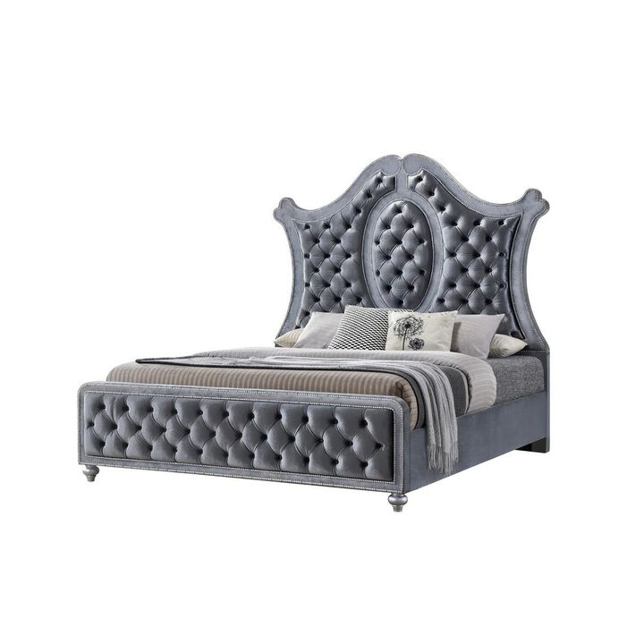 Rall King Size Bed, Curved Wood Headboard, Tufted Gray Fabric Upholstery - Benzara