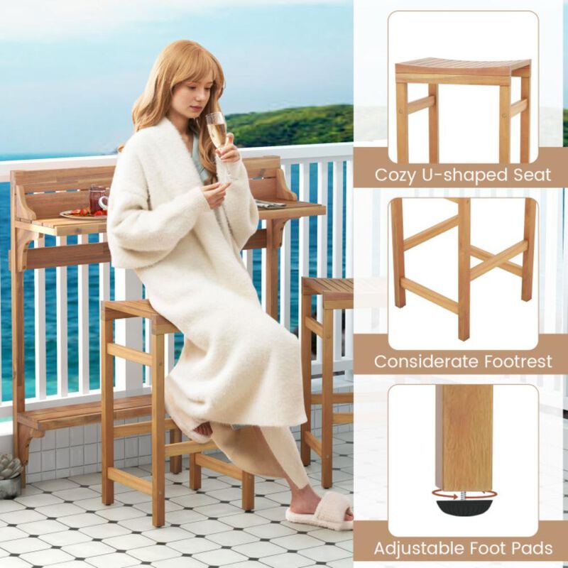 Hivvago 3 Pieces Patio Acacia Wood Bar Table Set with Footrest Curved Wood Seat