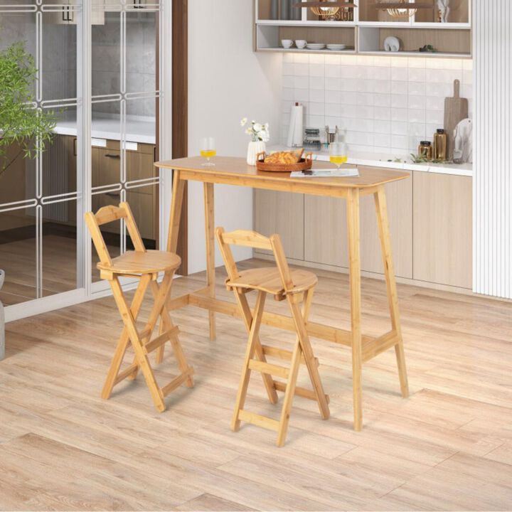 Hivvago 24 Inch Set of 2 Bamboo Folding Barstools with Footrests and Handles-Natural