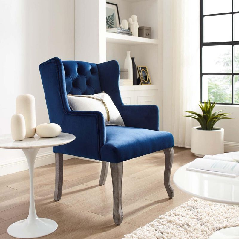 Modway Realm French Vintage Tufted Performance Velvet Kitchen and Dining Room Arm Chair in Navy