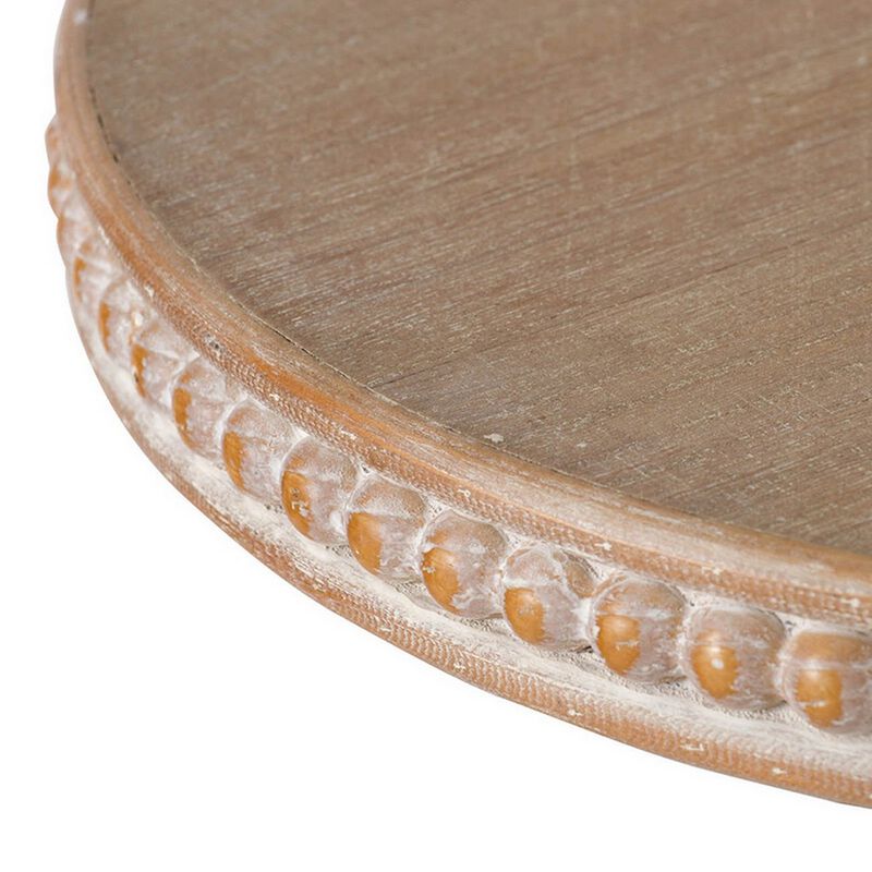 Marrie 14 Inch Round Decorative Tray, Black Iron Padestal Base, Wood Top - Benzara