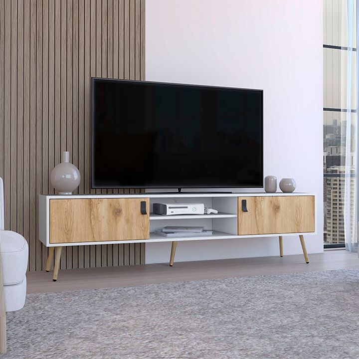 Toka TV Rack with 2 Hinged Doors and Central Shelves, White/Macadamia