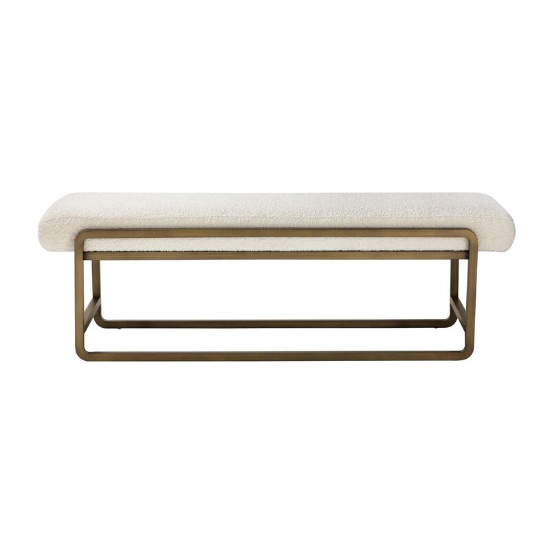 Loer 54 Inch Modern Accent Bench, Ivory Boucle Upholstery, Sled Brass Legs - Benzara