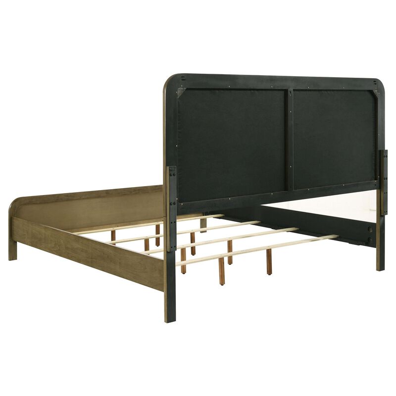 Deon Queen Bed, Vertical Channel Tufted Beige Boucle Upholstery, Brown - Benzara