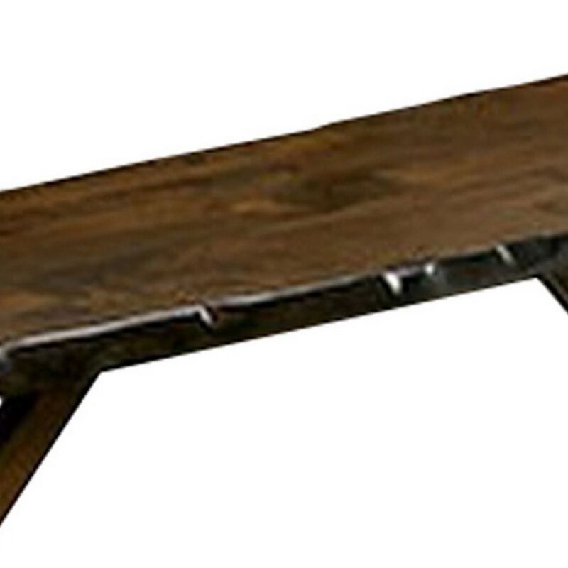Naef 54 Inch Wood Dining Bench, Walnut Brown, Live Edges, Angled Legs -Benzara