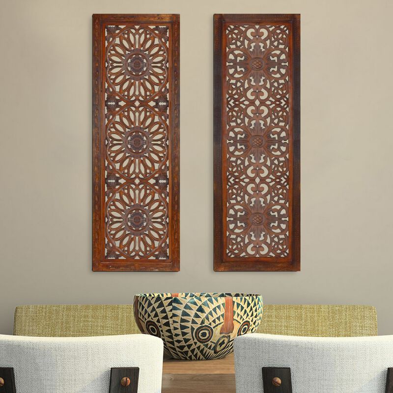 2 Piece Mango Wood Wall Panel Set with Mendallion Carving, Burnt Brown-Benzara
