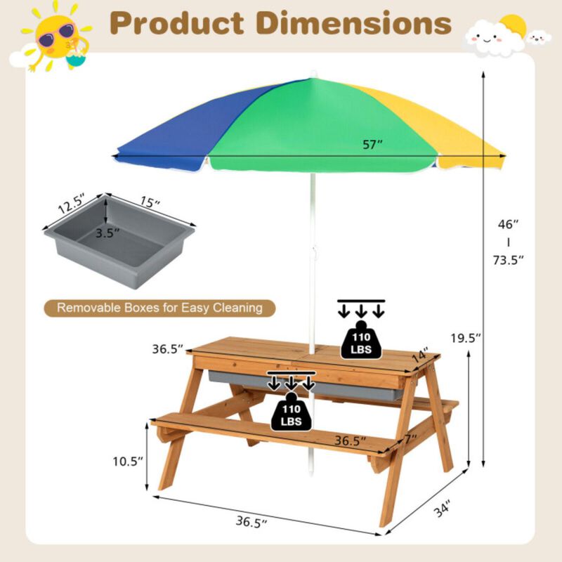 Hivvago 3-in-1 Kids Outdoor Picnic Water Sand Table with Umbrella Play Boxes - Yellow