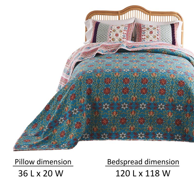 Ello 3pc King Bedspread and Pillow Sham Set, Red Blue Bohemian Stripes