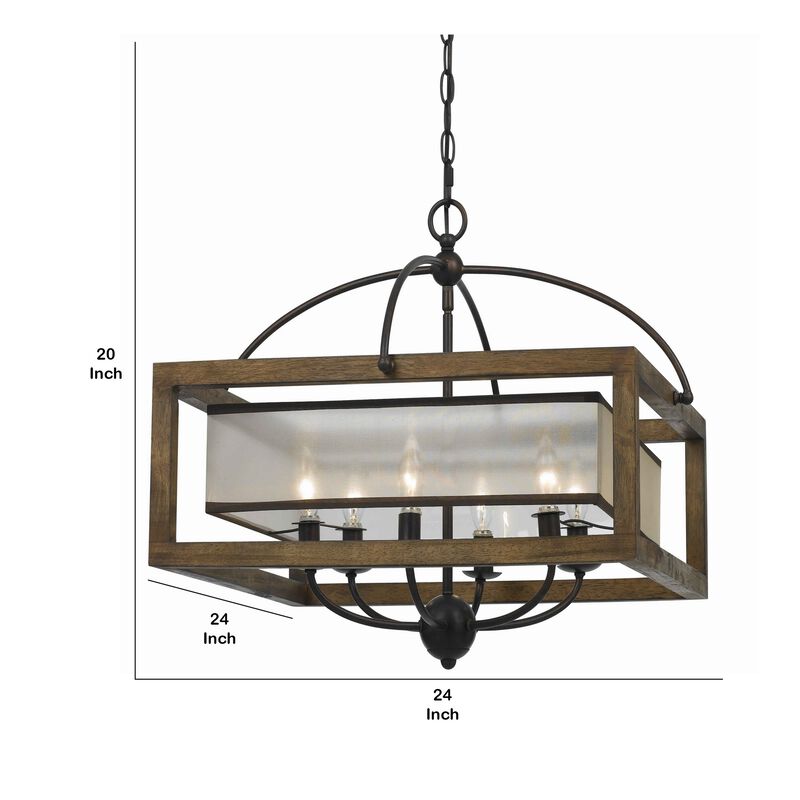 6 Bulb Square Chandelier with Wooden Frame and Organza Striped Shade, Brown-Benzara