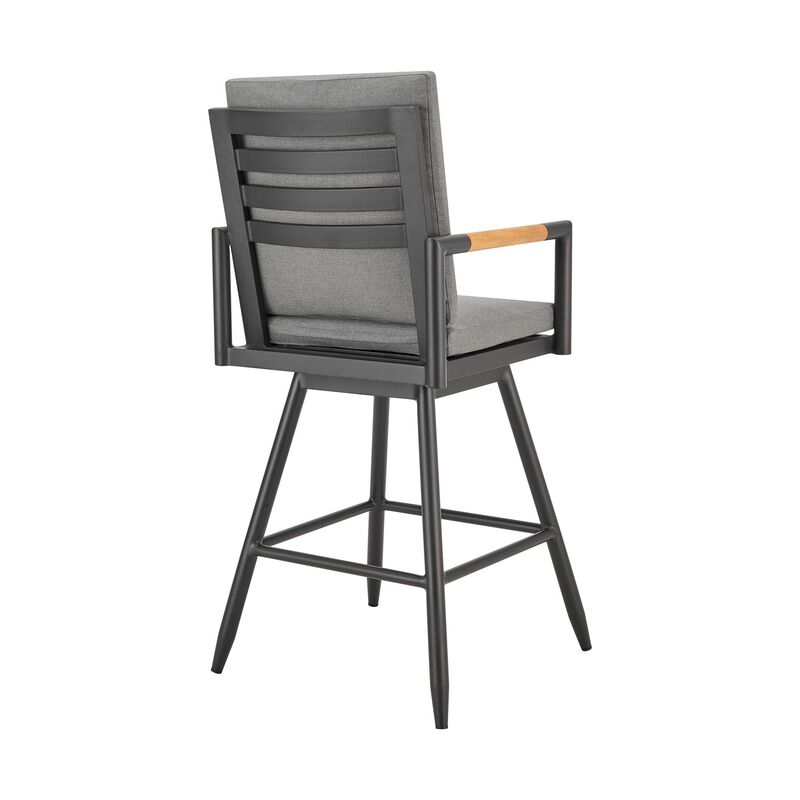 Razi 30 Inch Outdoor Swivel Barstool Chair, Black Aluminum, Gray Cushions - Benzara