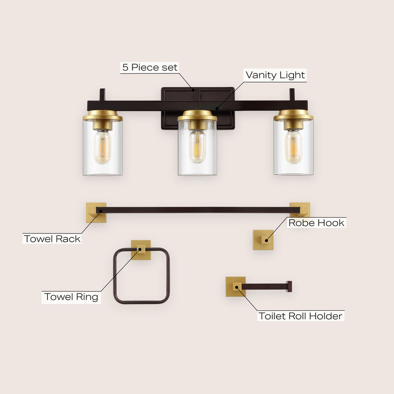 Liam 23.25" 3-Light Farmhouse Industrial Vanity Light with Bathroom Hardware Accessory 5-Piece Set