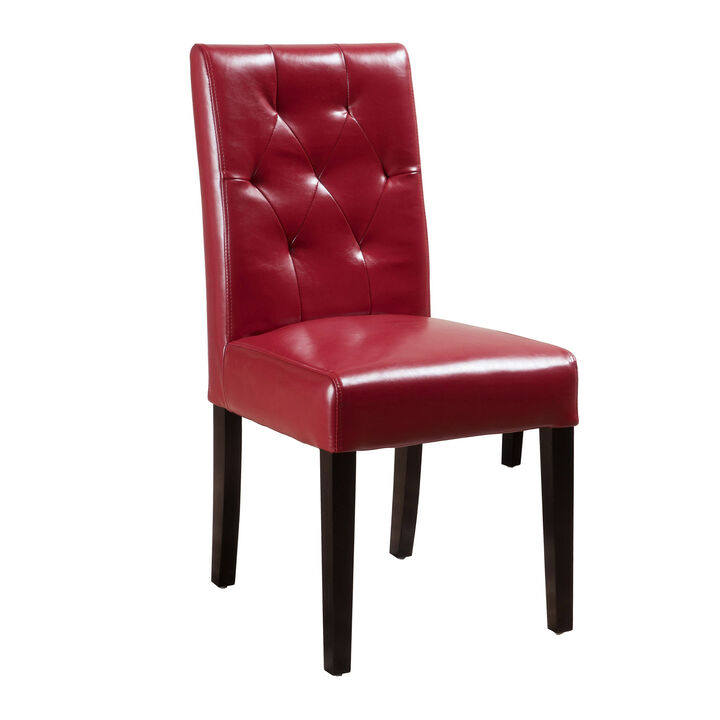 Lucie Dining Chair Set of 2, Red Bonded Leather, Tufted Back, Black - Benzara