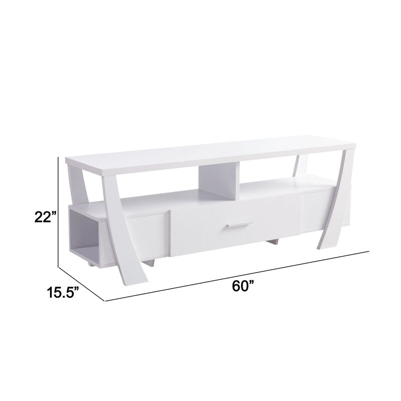 Ayan 60 Inch TV Entertainment Console, 3 Shelves and 1 Drawer, Crisp White-Benzara
