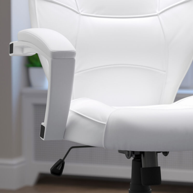 Quincey Mid-Back White LeatherSoft Tapered Back Executive Swivel Office Chair with White Base and Arms