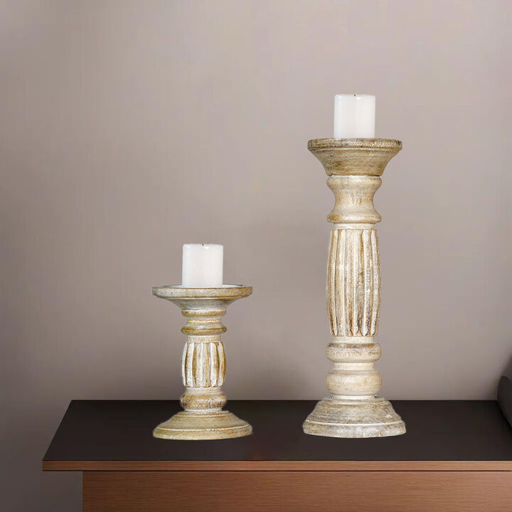 Traditional Antique White Eco-friendly Handmade Mango Wood Set Of Two 6" & 12" Pillar Candle Holder
