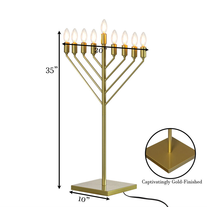 Large Modern Antique Gold Nine Branch Electric Chabad Style Hanukkah Menorah with Flame Shaped LED Bulbs
