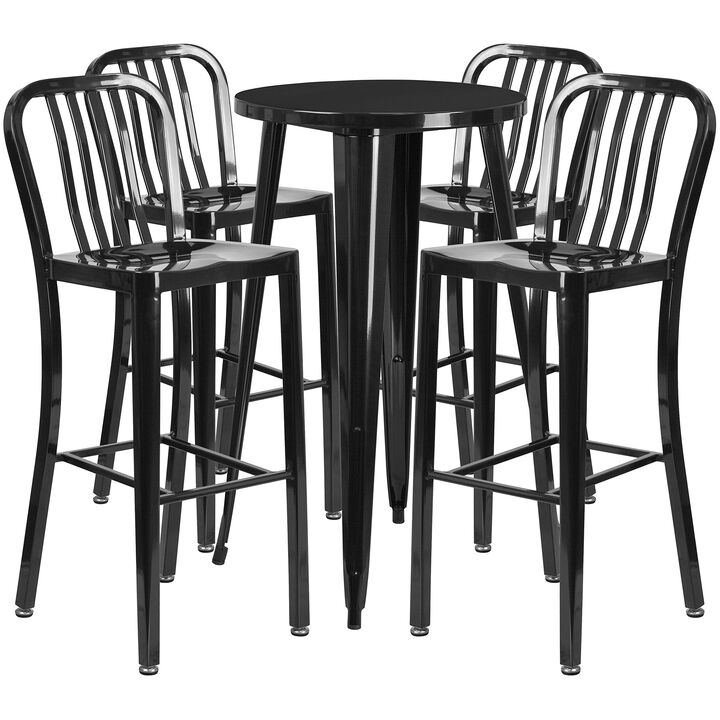 Flash Furniture Commercial Grade 24" Round Black Metal Indoor-Outdoor Bar Table Set with 4 Vertical Slat Back Stools