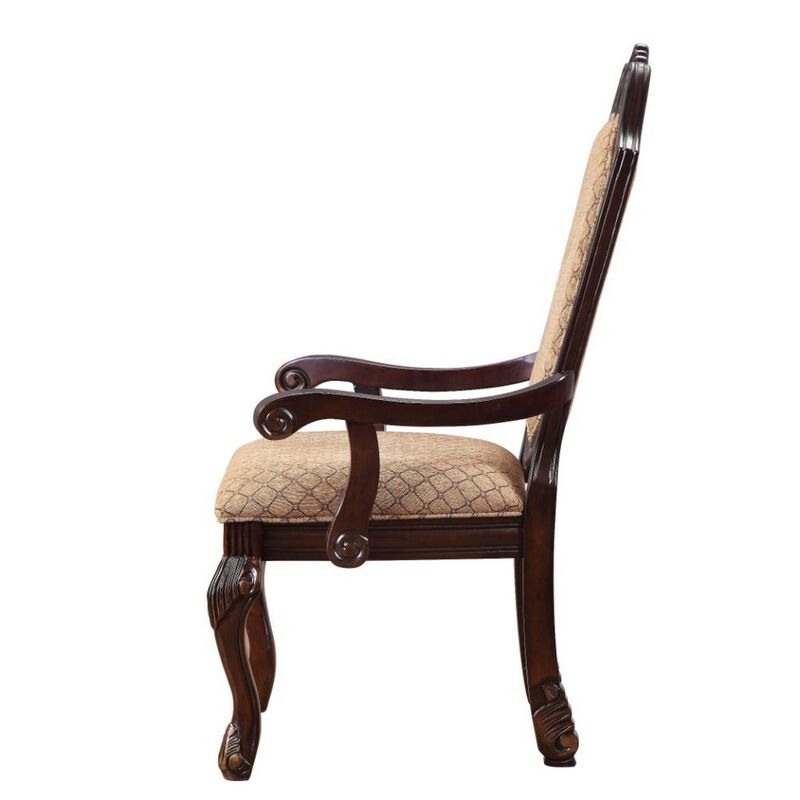 Loki 29 Inch Dining Armchair Set of 2, Beige Fabric, Crown Top Back, Brown  - Benzara