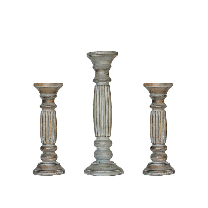 Traditional Antique Dusk Eco-friendly Handmade Mango Wood Set Of Three 12",15" & 12" Pillar Candle Holder