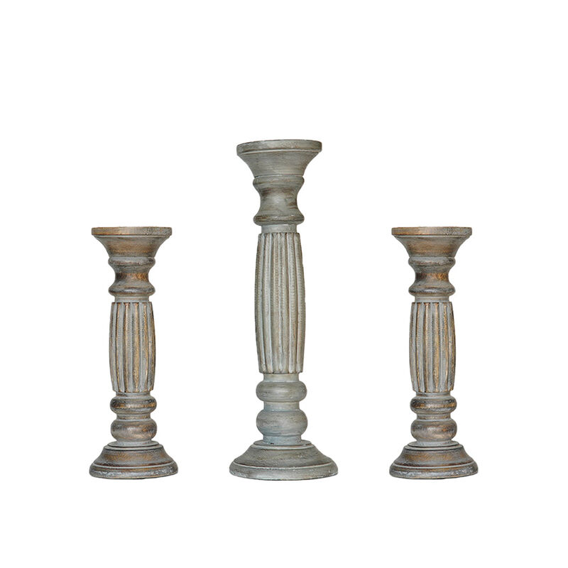 Traditional Antique Dusk Eco-friendly Handmade Mango Wood Set Of Three 12",15" & 12" Pillar Candle Holder