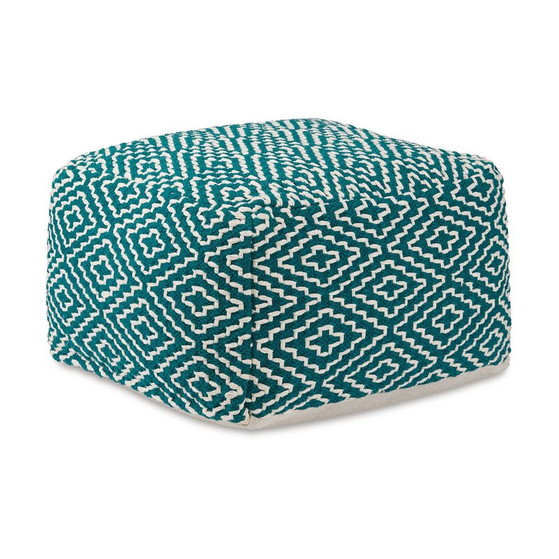 Sena 24 Inch Ottoman Pouf, Woven Pattern, Zipper Cotton Cover, Red White -