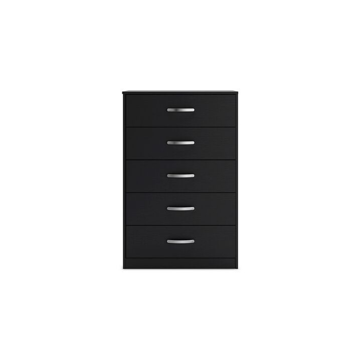 Finny Tall Dresser Chest, 5 Drawer, Matte Black, Silver Metal, 46 Inch - Benzara