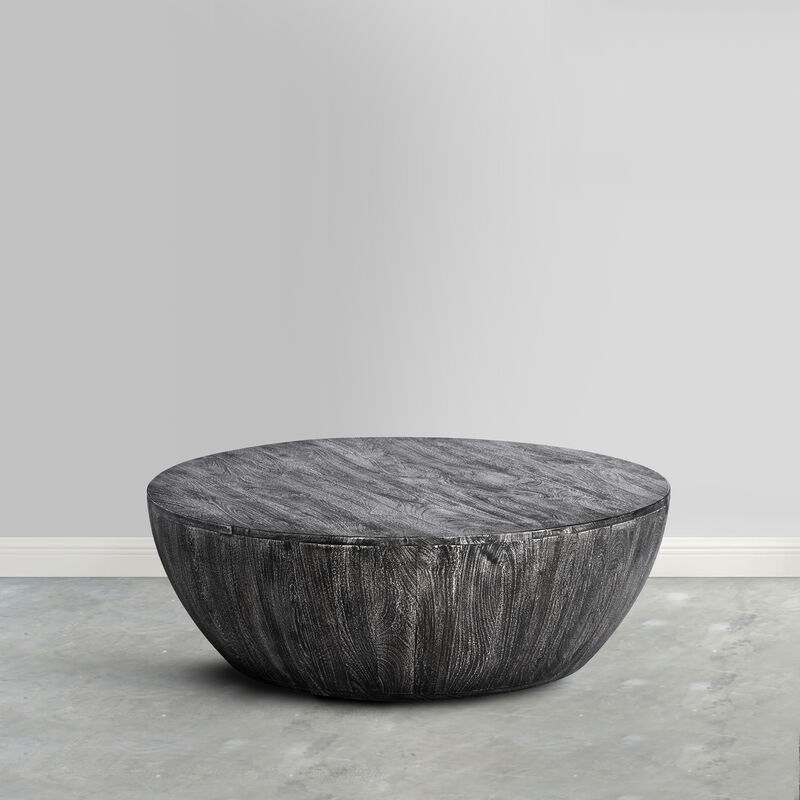Arthur 36 Inch Farmhouse Style Handcrafted Mango Wood Coffee Table, Round Drum Shape, Sandblasted Black - Benzara